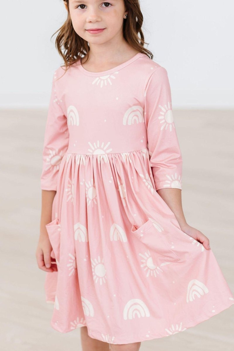 Mila & Rose ® Soft Pink Suns Twirl Dress With Three Quarter Sleeve Pocket - Everetts Place Boutique - 