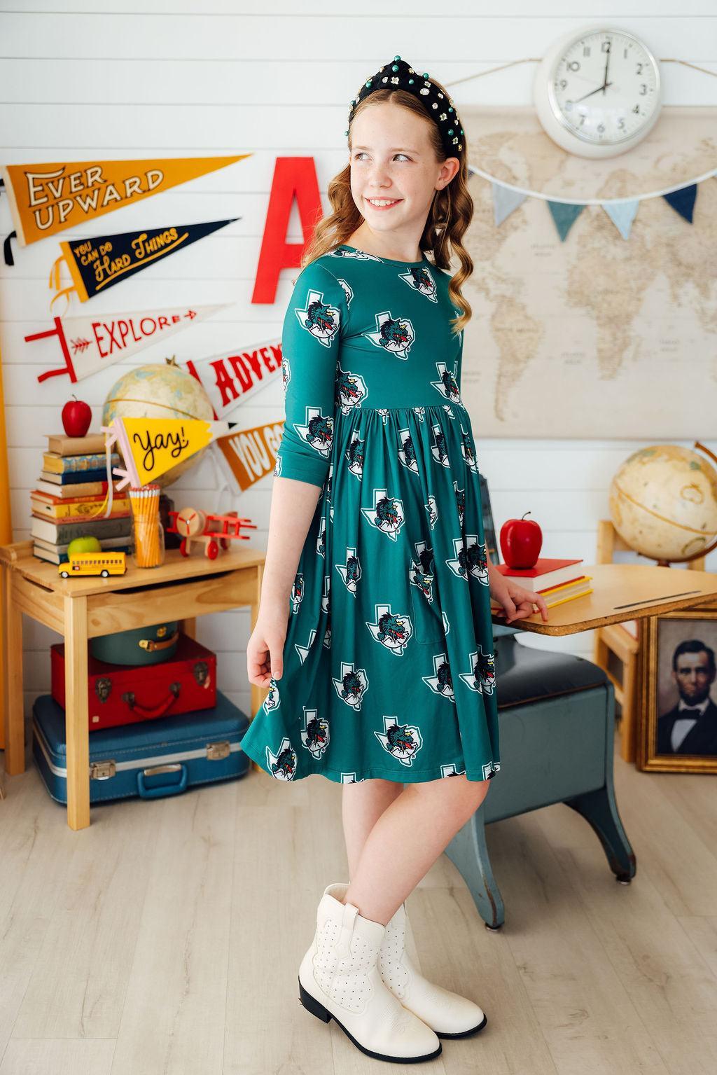 Southlake Carroll Dragons 3/4 Sleeve Pocket Twirl Dress by Mila & Rose ®