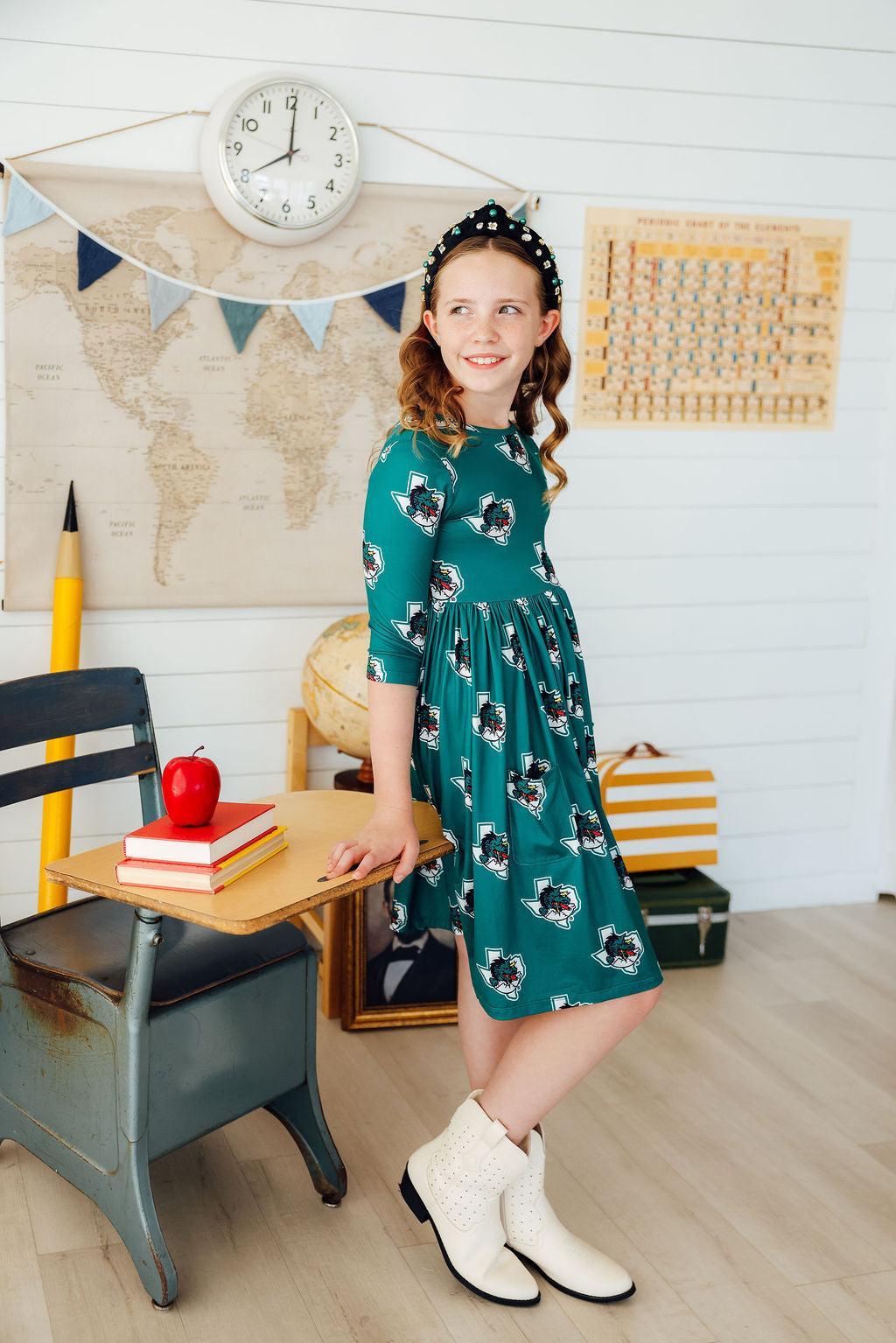 Southlake Carroll Dragons 3/4 Sleeve Pocket Twirl Dress by Mila & Rose ®