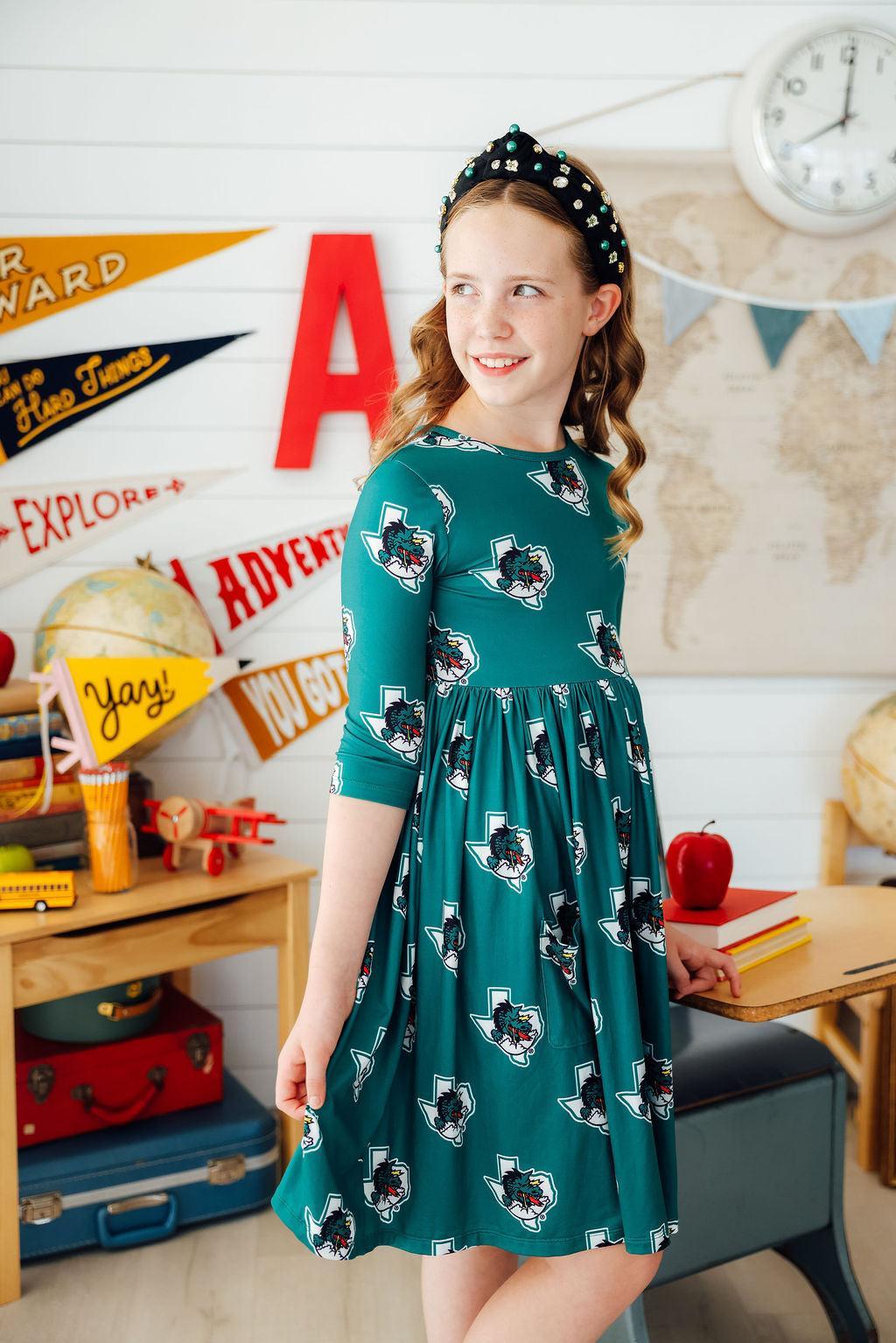 Southlake Carroll Dragons 3/4 Sleeve Pocket Twirl Dress by Mila & Rose ®