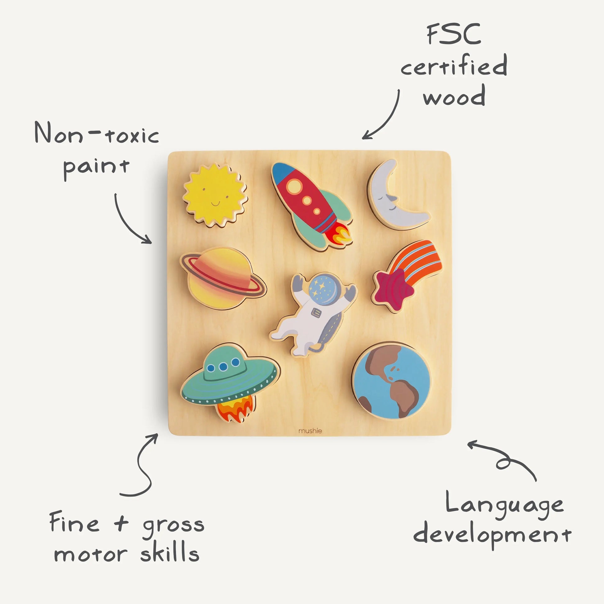 Wooden Space Puzzle for Kids with Eight Colorful Pieces and Smooth Edges Mushie