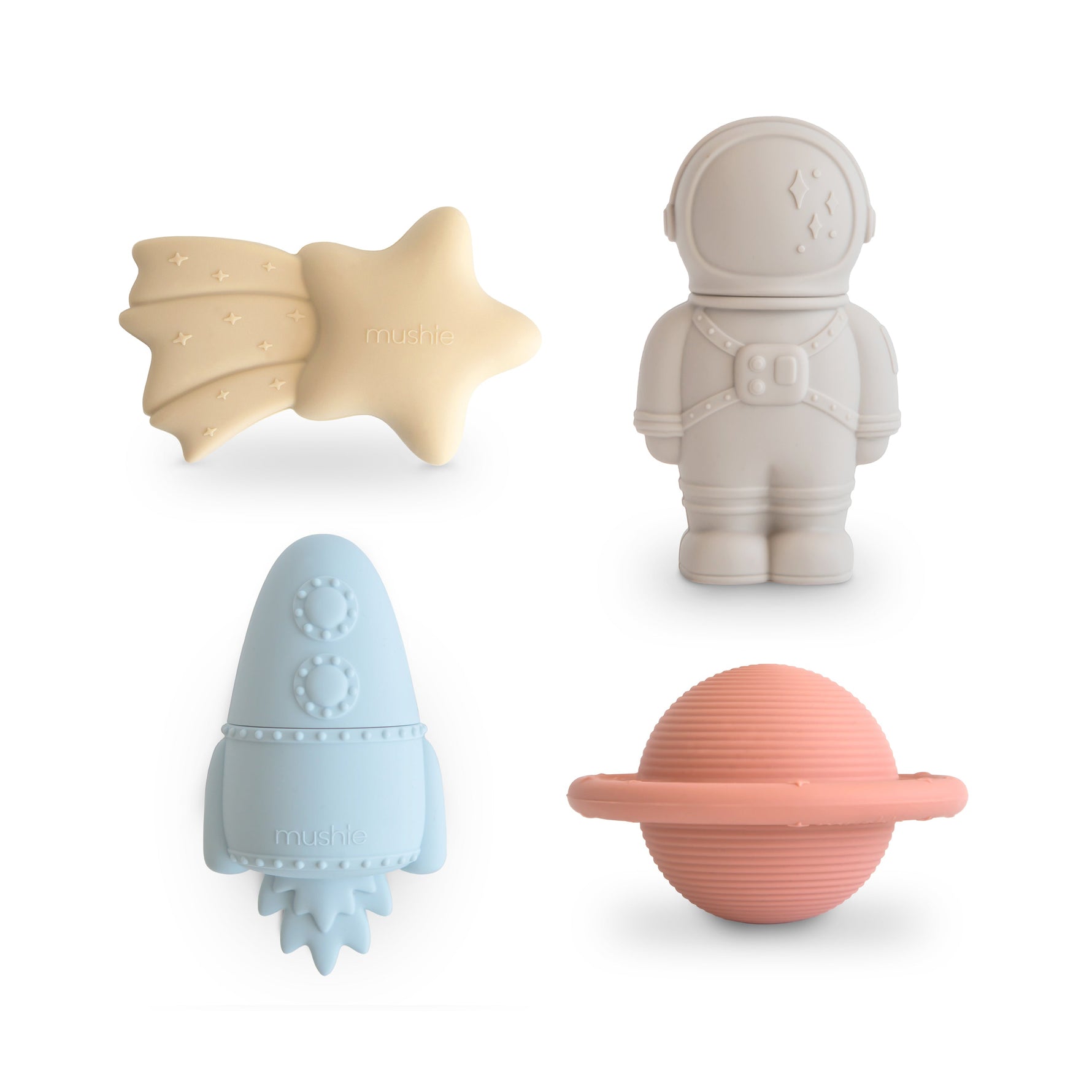 Mushie mold-free silicone bath toys set in soft, neutral colors, perfect for safe baby play.