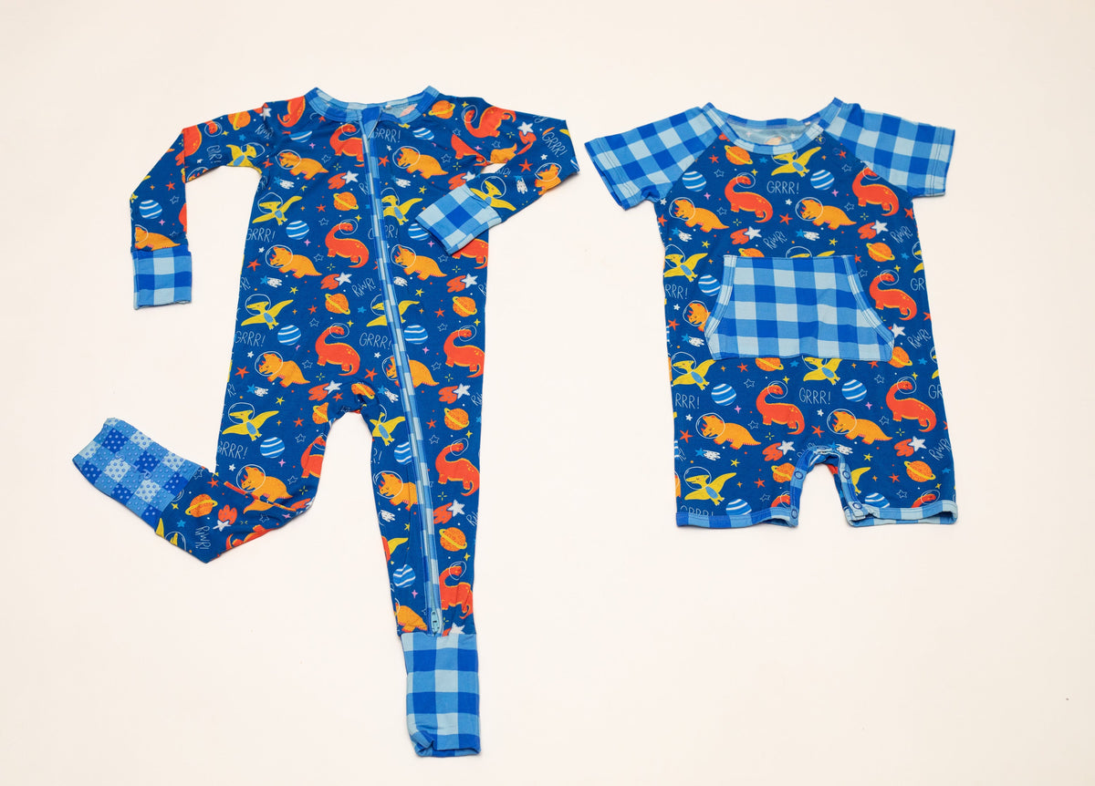 Space Dinosaur Bamboo Short Romper | Electric Blue by Rayn’s Tiny Stitches