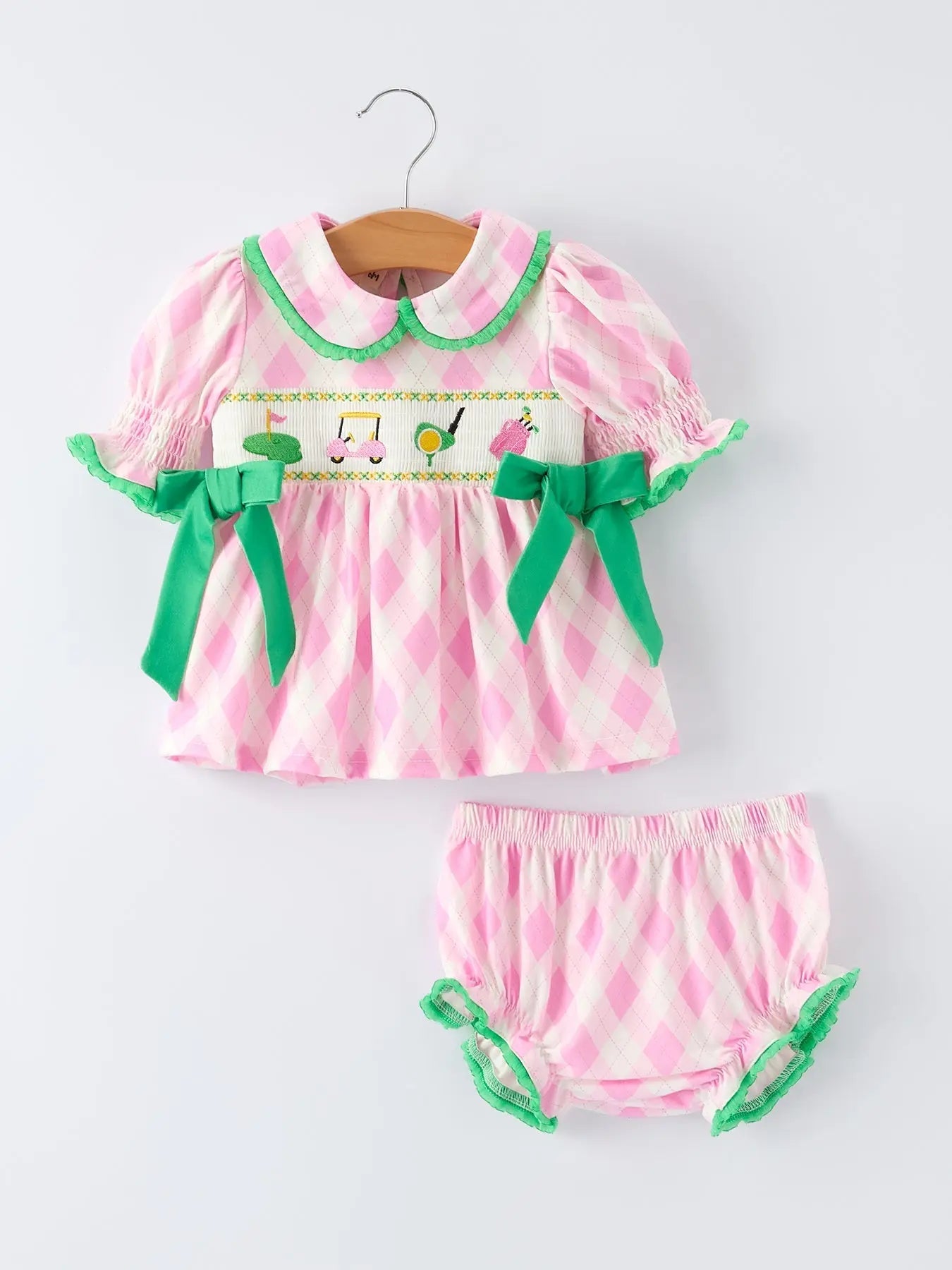 Rylee Faith Designs Spring Golf Embroidered Baby Girls Smocked Bow Bloomer Set - 