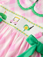 Rylee Faith Designs Spring Golf Embroidered Girls Smocked Bow Dress - 