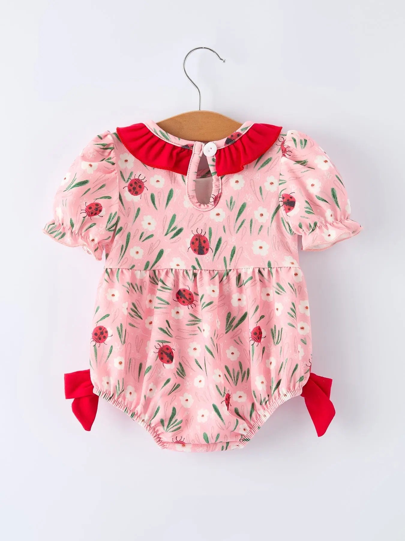 Rylee Faith Designs Spring Ladybug Smocked Embroidered Baby Girls Romper - 