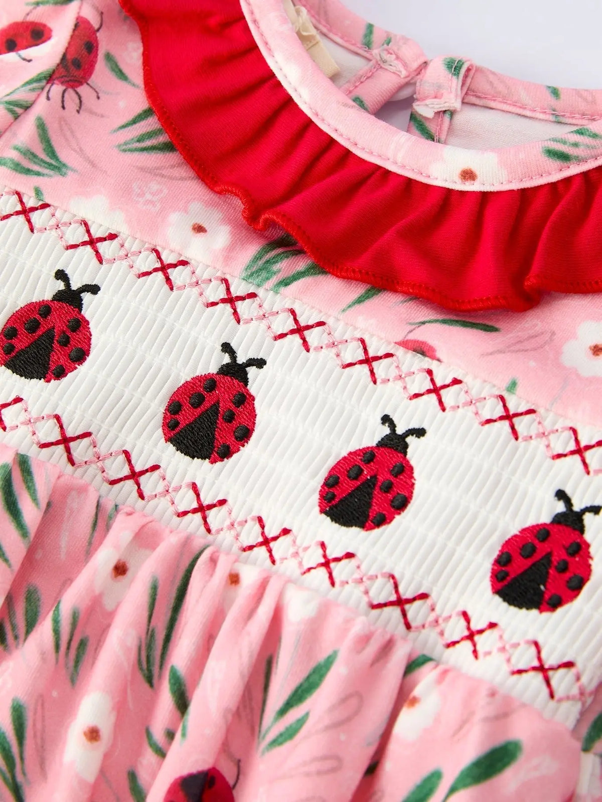 Rylee Faith Designs Spring Ladybug Smocked Embroidered Baby Girls Romper - 