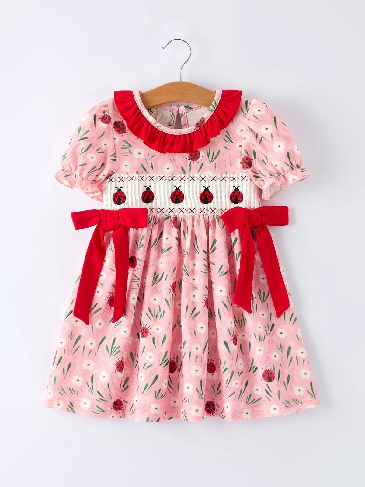 Rylee Faith Designs Spring Ladybug Smocked Embroidered Girls Dress - 