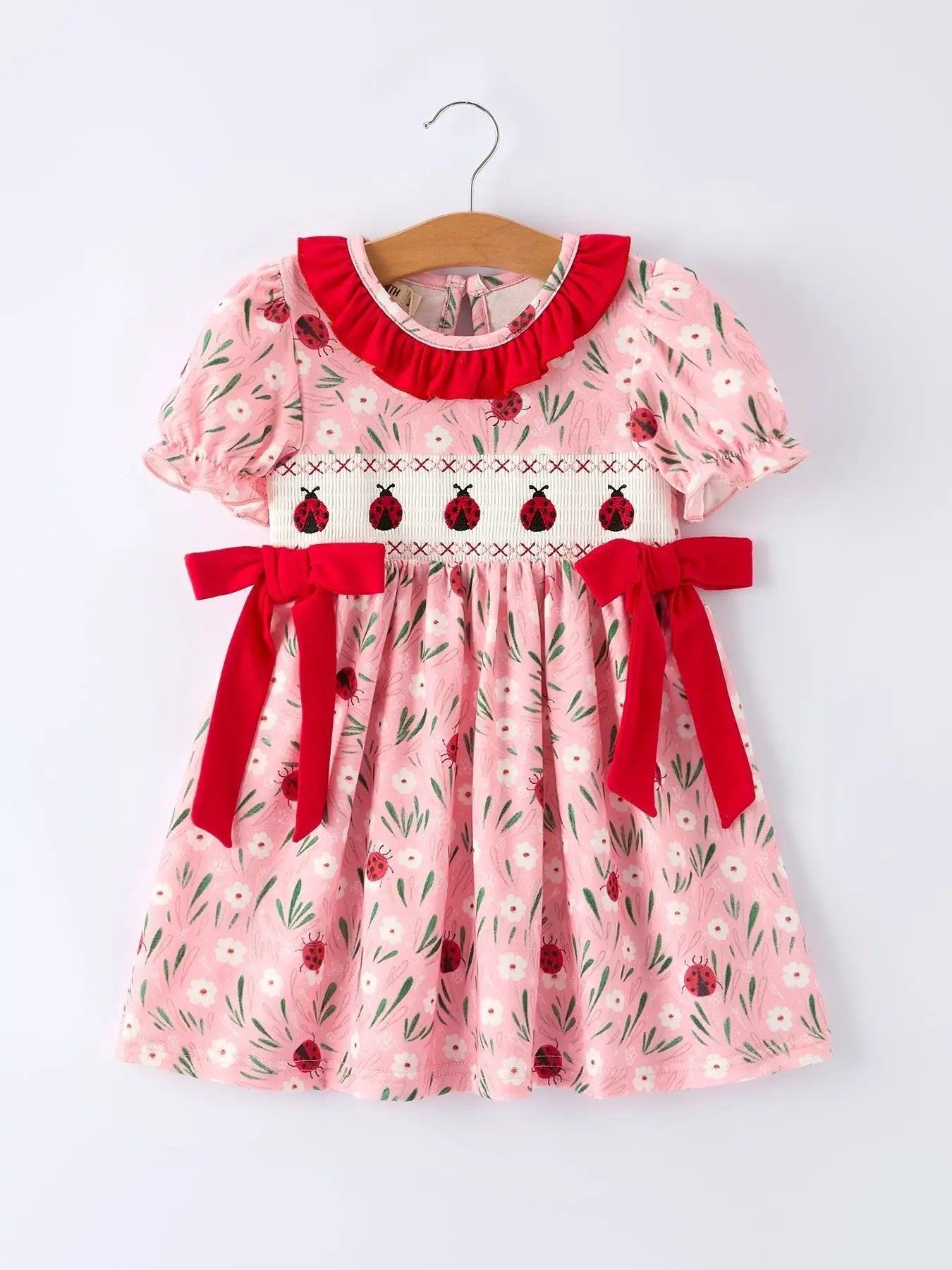 Rylee Faith Designs Spring Ladybug Smocked Embroidered Girls Dress - 