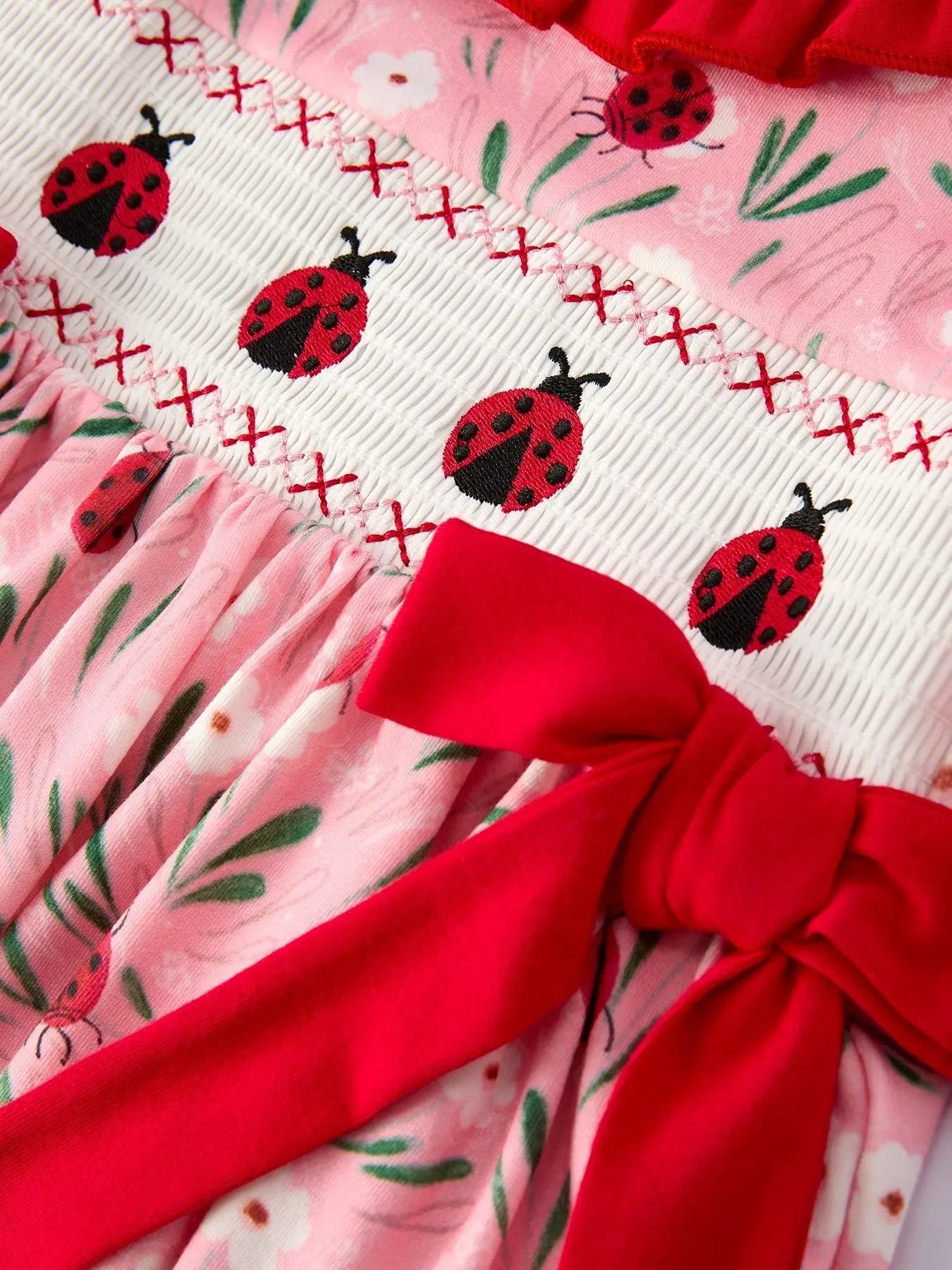 Rylee Faith Designs Spring Ladybug Smocked Embroidered Girls Dress - 