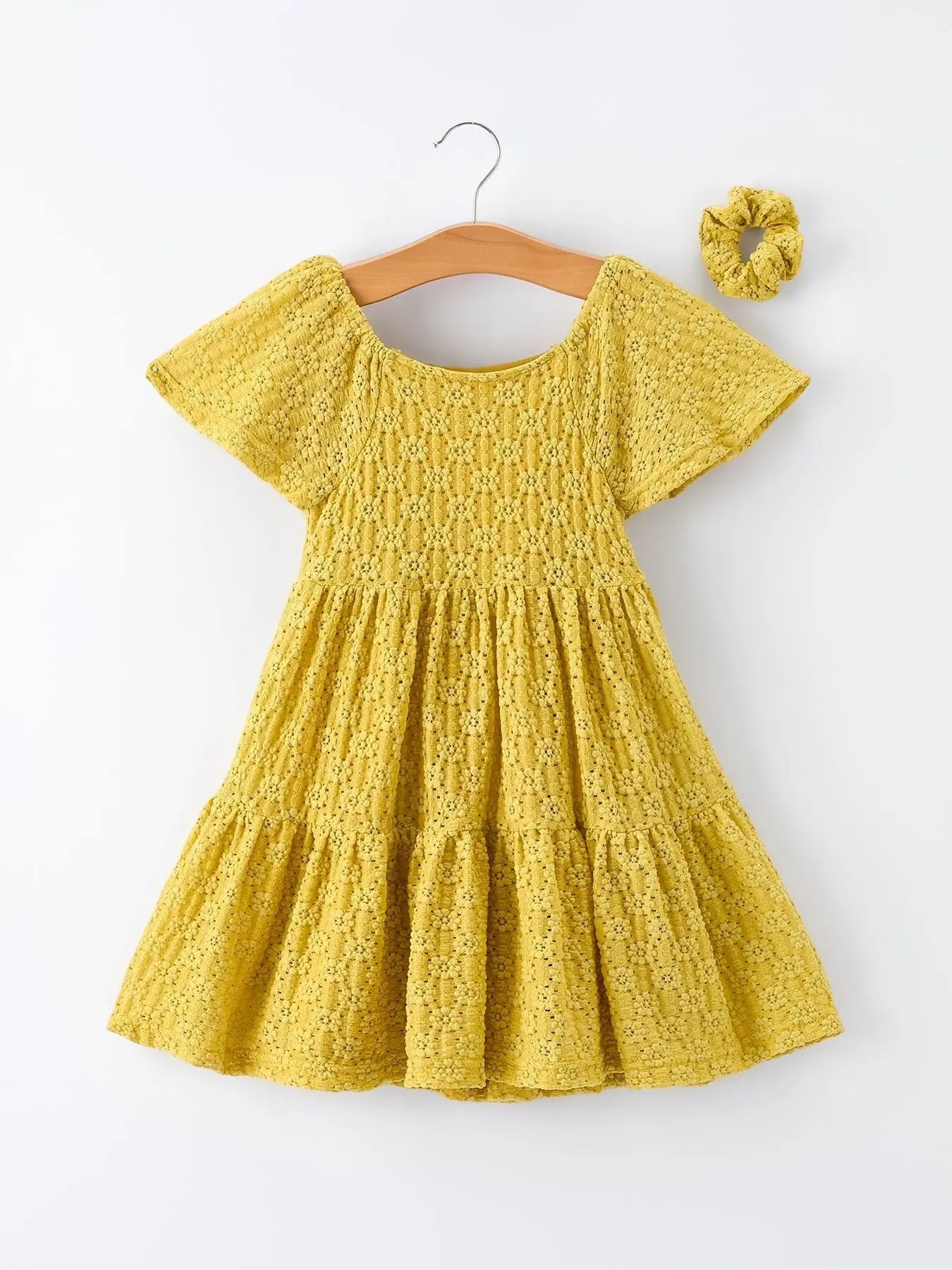 Rylee Faith Designs Spring Solid Girls Lace Tiered Dress With Scrunchie - 