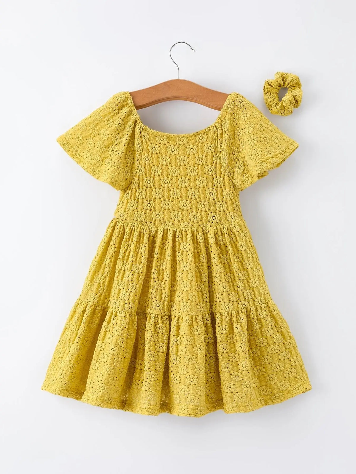 Rylee Faith Designs Spring Solid Girls Lace Tiered Dress With Scrunchie - 