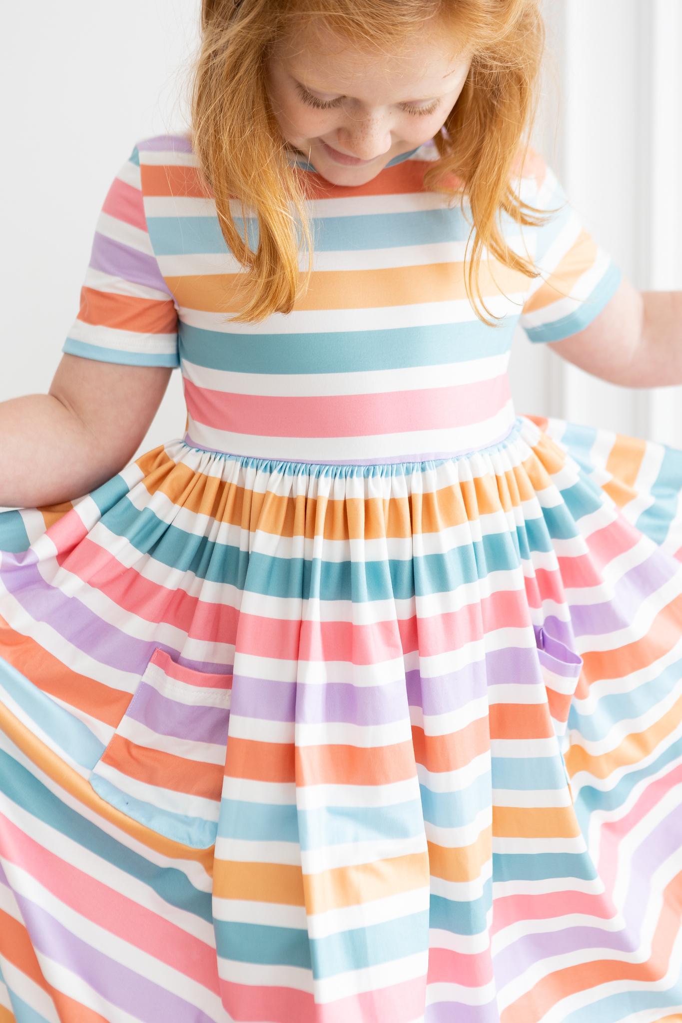 Spring Stripes Short Sleeve Pocket Twirl Dress For Girls Mila & Rose ® Everetts Place: Online Boutique