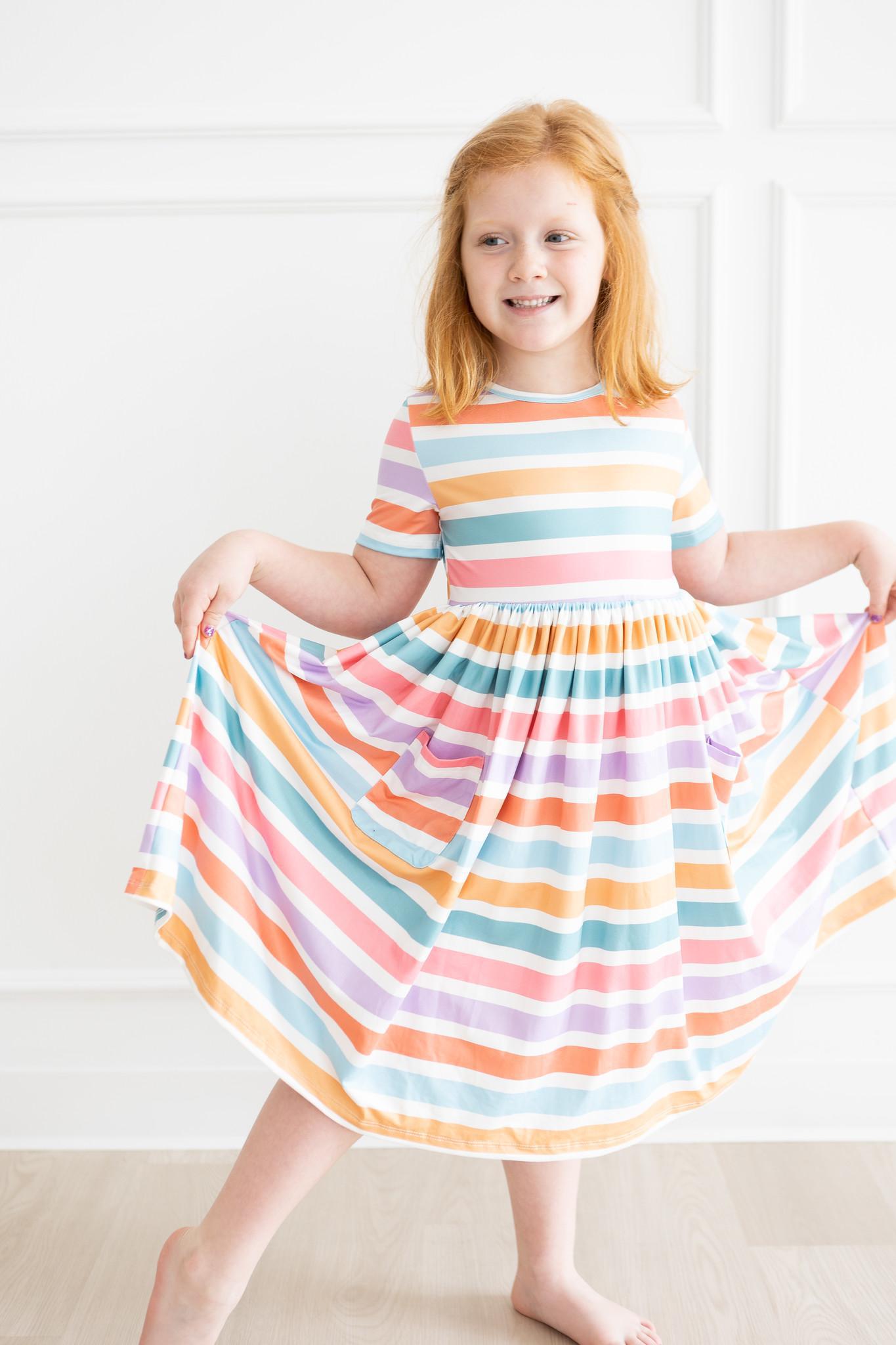 Spring Stripes Short Sleeve Pocket Twirl Dress For Girls Mila & Rose ® Everetts Place: Online Boutique