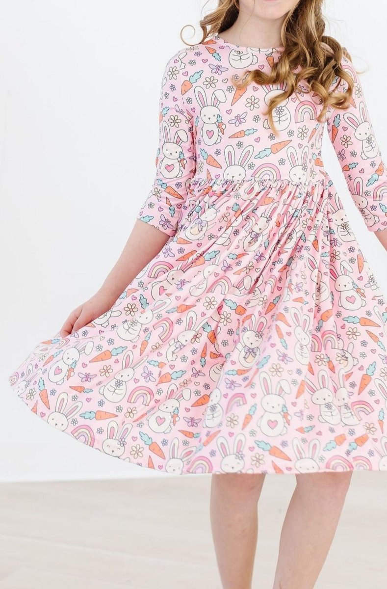 Springtime Bunnies Three Quarter Sleeve Pocket Twirl Dress - Everetts Place Boutique - 