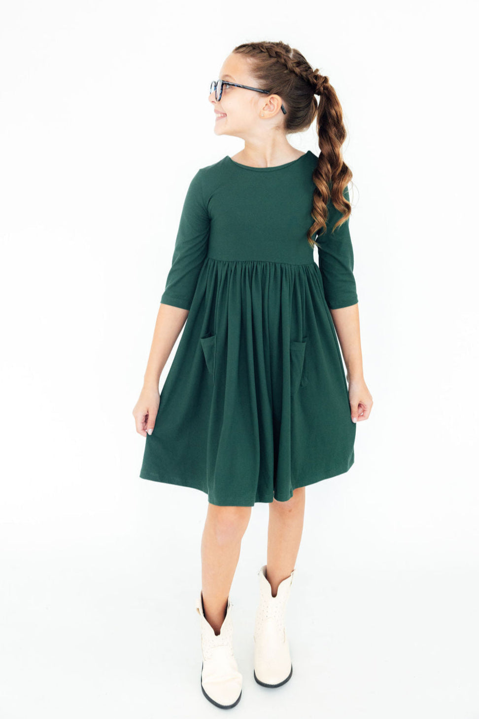Spruce Three Quarter Sleeve Pocket Twirl Dress For Girls Mila & Rose ® Everetts Place: Online Boutique