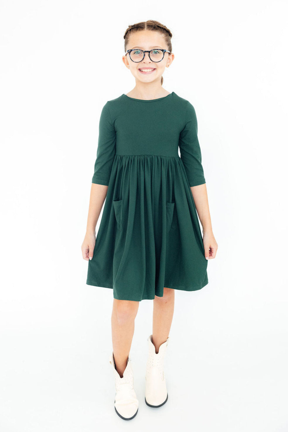 Spruce Three Quarter Sleeve Pocket Twirl Dress For Girls Mila & Rose ® Everetts Place: Online Boutique