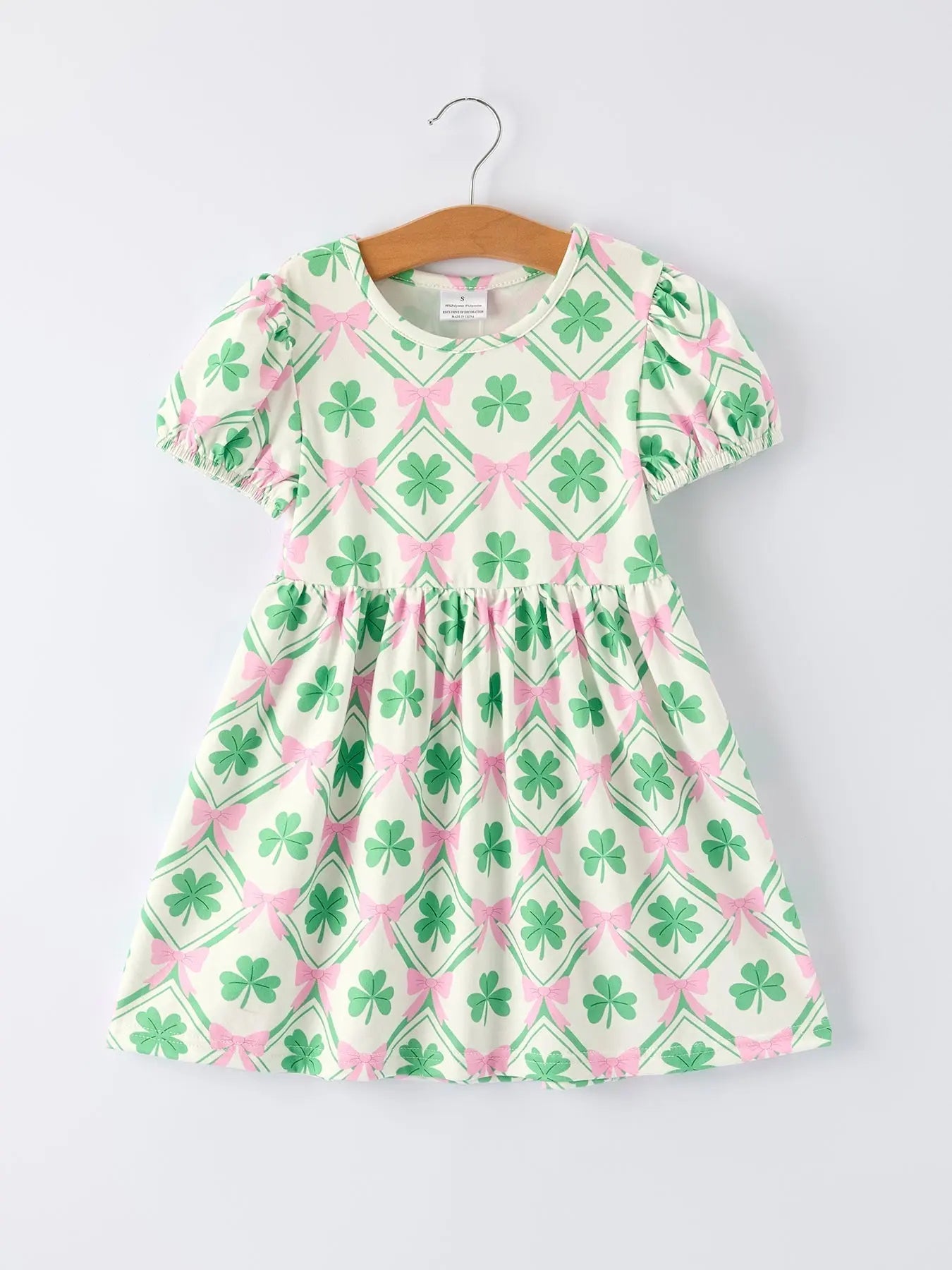 Rylee Faith Designs St. Patrick's Day Bow Shamrock Print Short Sleeves Girls Dress - 