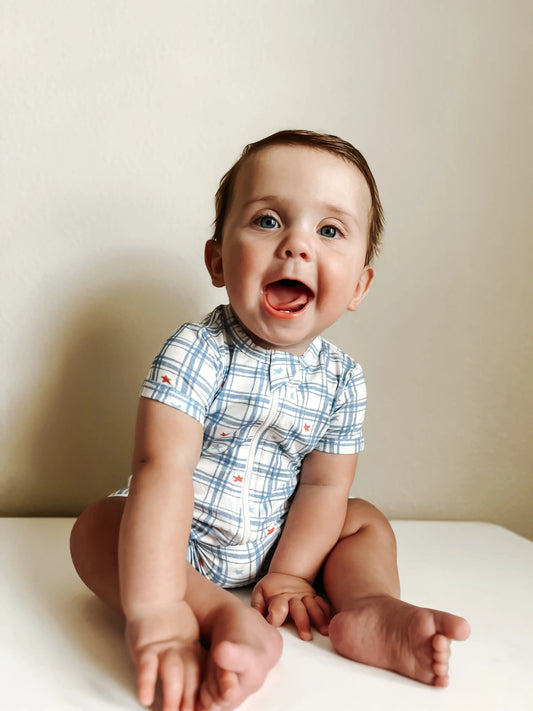 Stars Gingham Bamboo Shorty Romper Little Joy Co. Everetts Place: Online Boutique