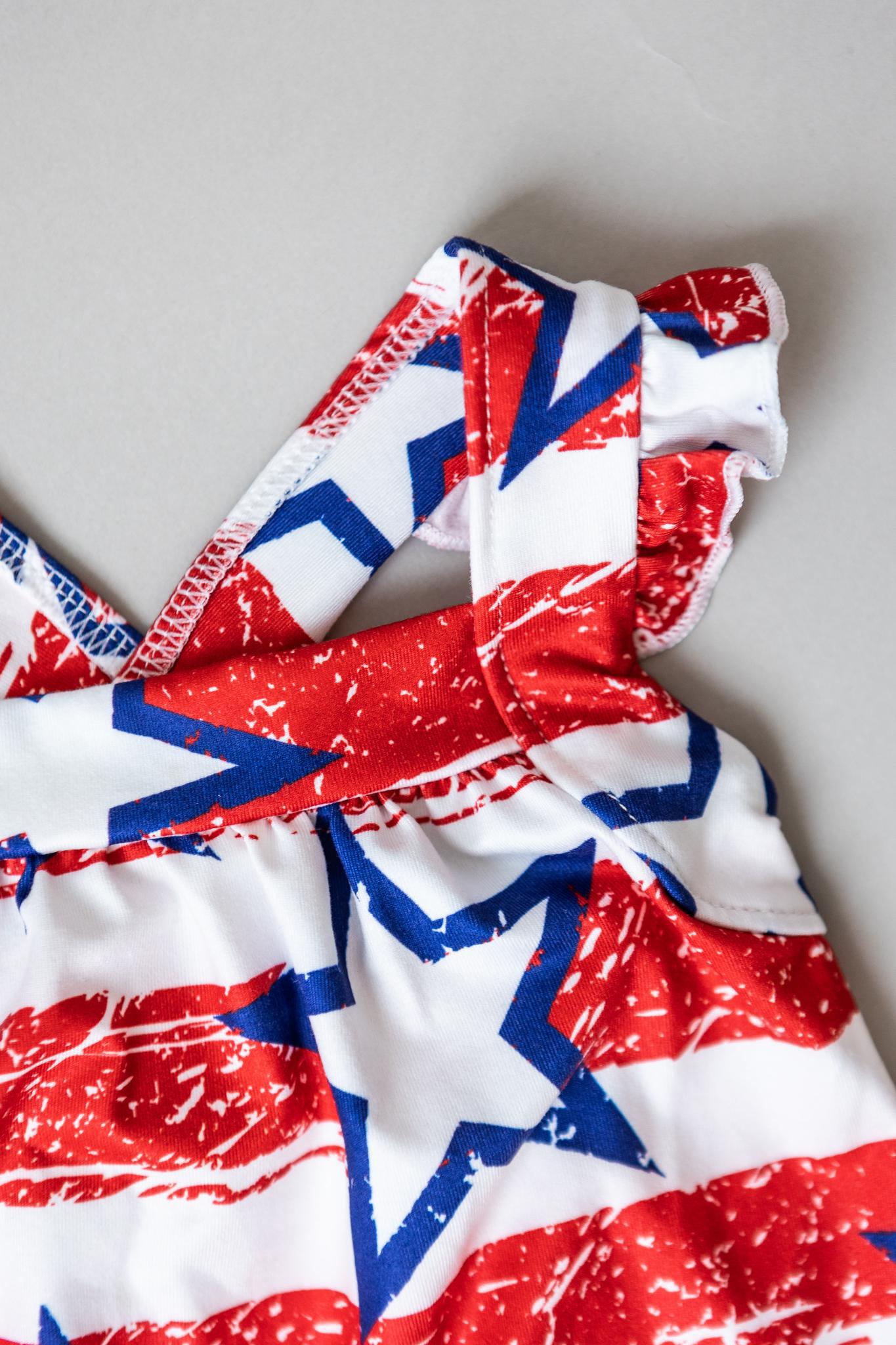 Stars and Stripes Ruffle Cross Back Romper for Summer Mila & Rose ® Everetts Place: Online Boutique