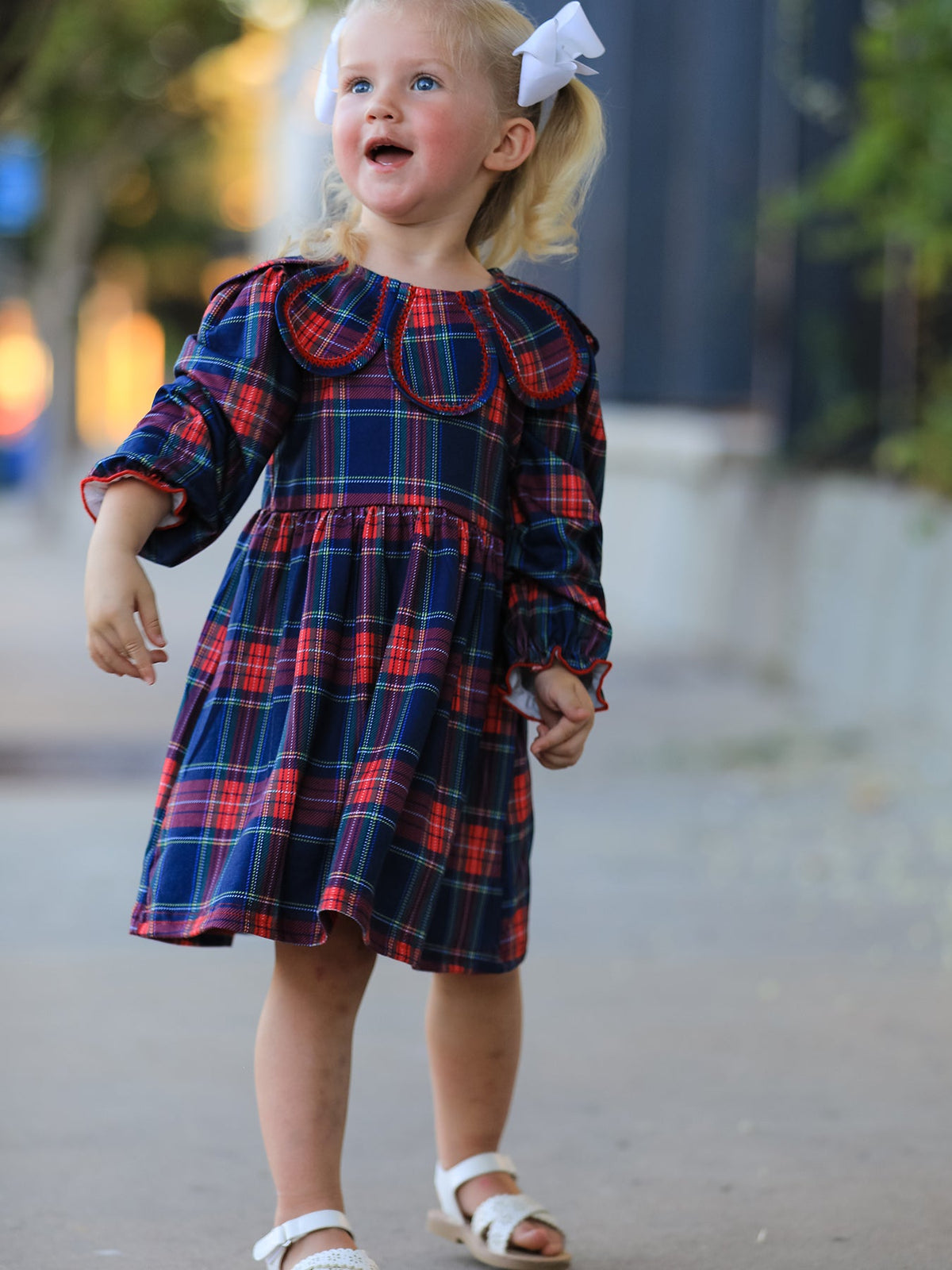 Polyester Blend Dress, Fall Plaid, Petal Collar, Puff Sleeve, Long by Rylee Faith Designs