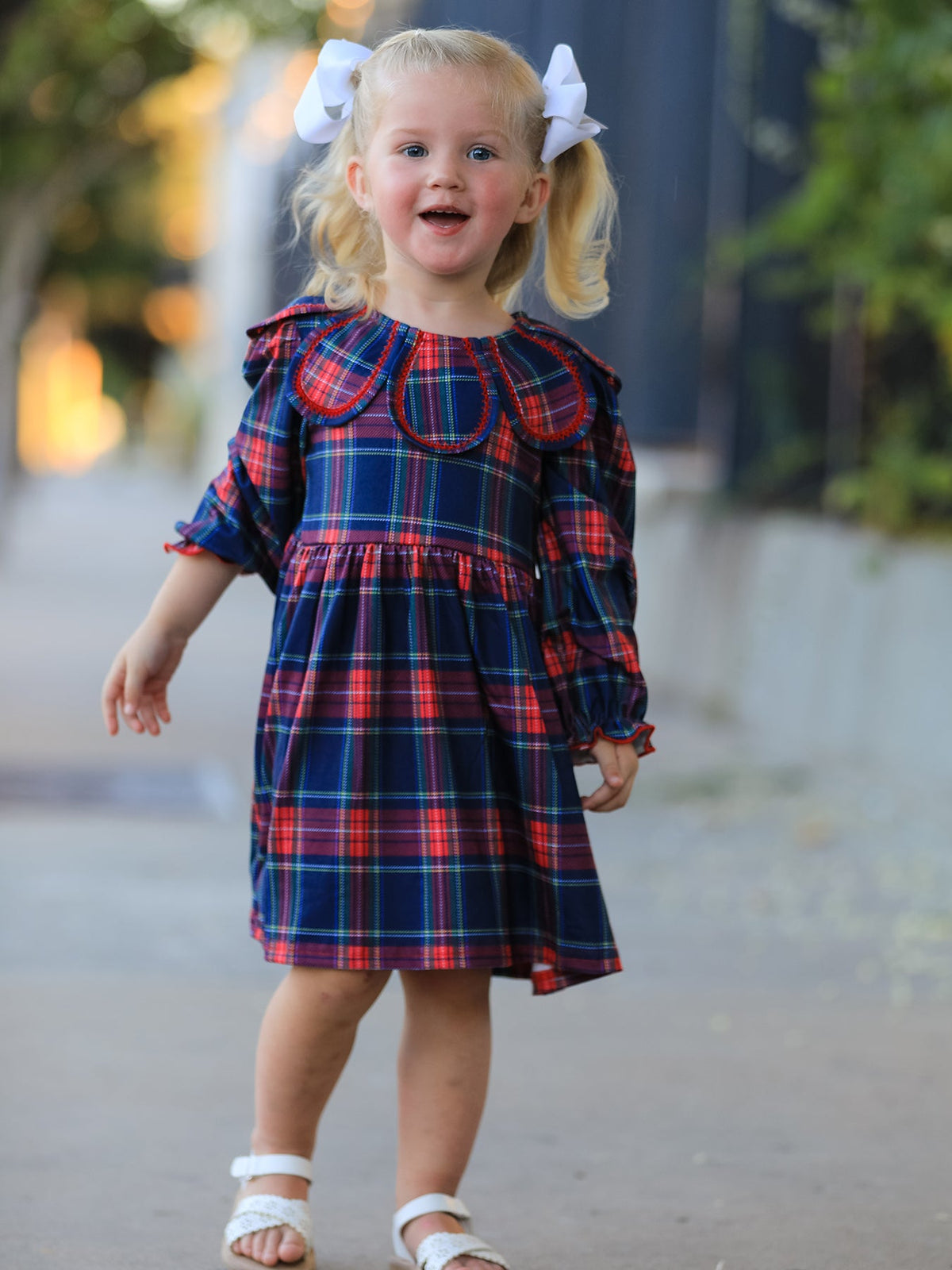 Girls' fall plaid dress with petal collar, long puff sleeves, and gathered waist