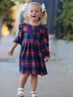 Girls' fall plaid dress with petal collar, long puff sleeves, and gathered waist
