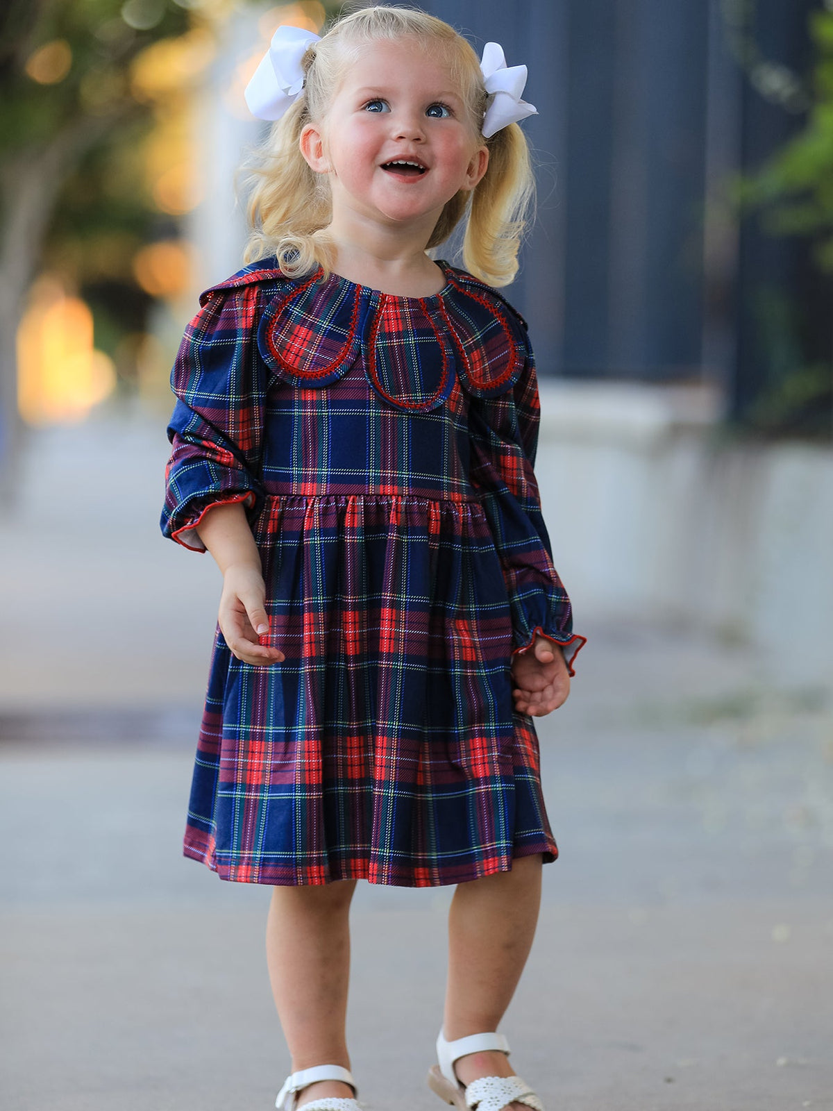 Polyester Blend Dress, Fall Plaid, Petal Collar, Puff Sleeve, Long by Rylee Faith Designs