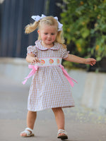 Fall Thanksgiving Lapel Plaid Chick Embroidery Smocking Bow Baby Girls Dress by Rylee Faith Designs