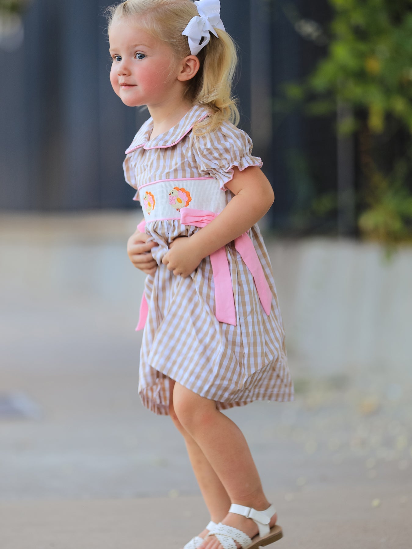 Fall Thanksgiving Lapel Plaid Chick Embroidery Smocking Bow Baby Girls Dress by Rylee Faith Designs
