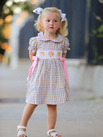 Fall Thanksgiving Lapel Plaid Chick Embroidery Smocking Bow Baby Girls Dress by Rylee Faith Designs