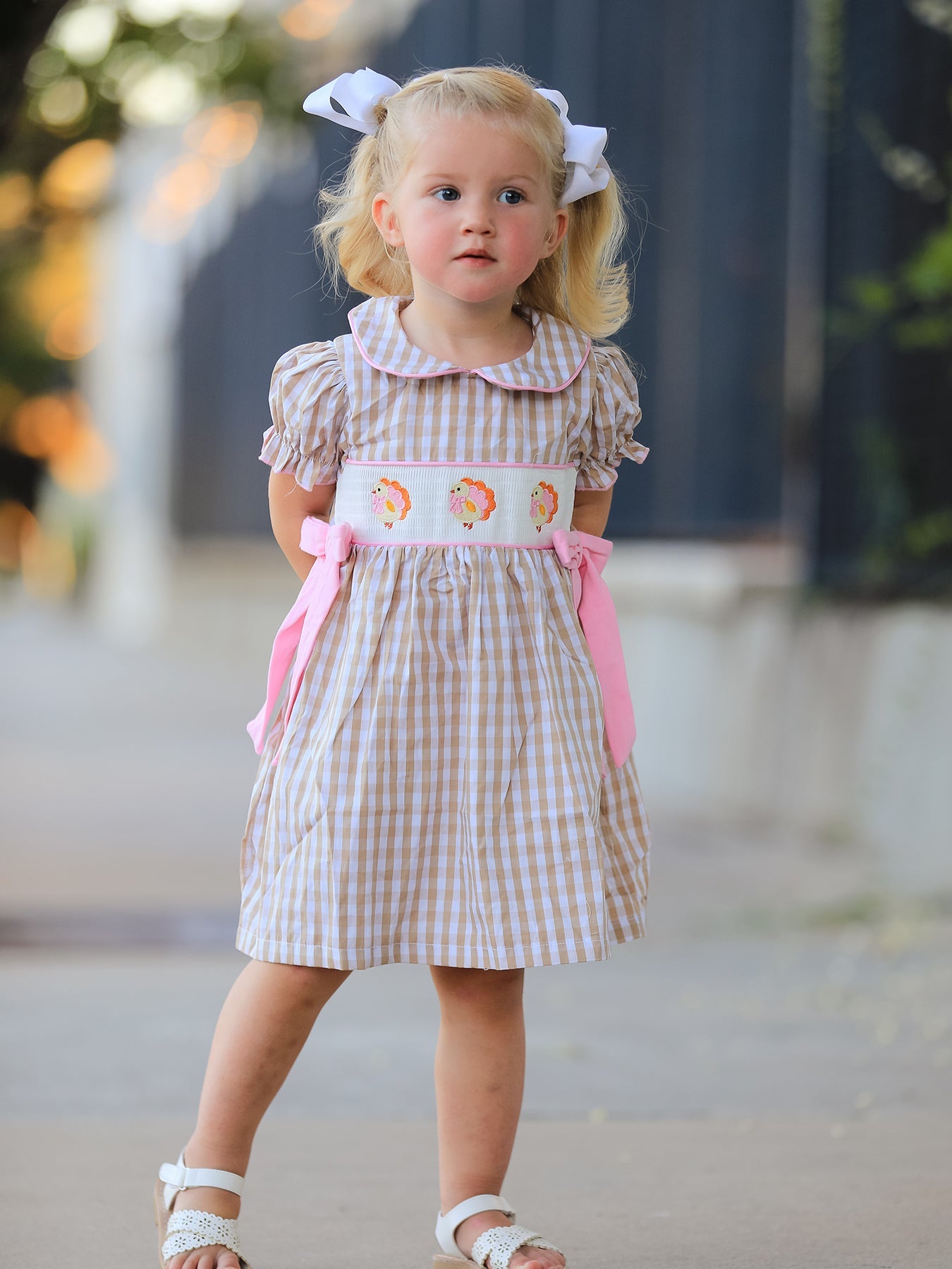 Fall Thanksgiving Lapel Plaid Chick Embroidery Smocking Bow Baby Girls Dress by Rylee Faith Designs