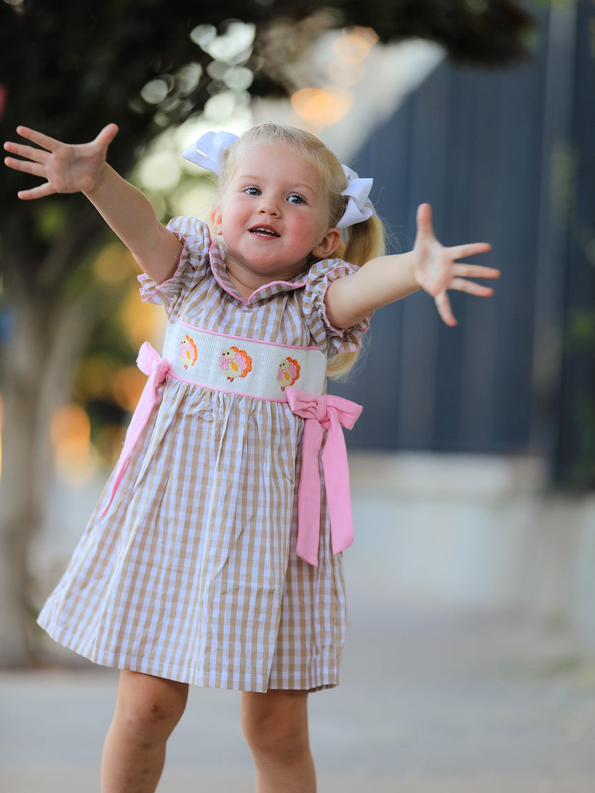 Fall Thanksgiving Lapel Plaid Chick Embroidery Smocking Bow Baby Girls Dress by Rylee Faith Designs