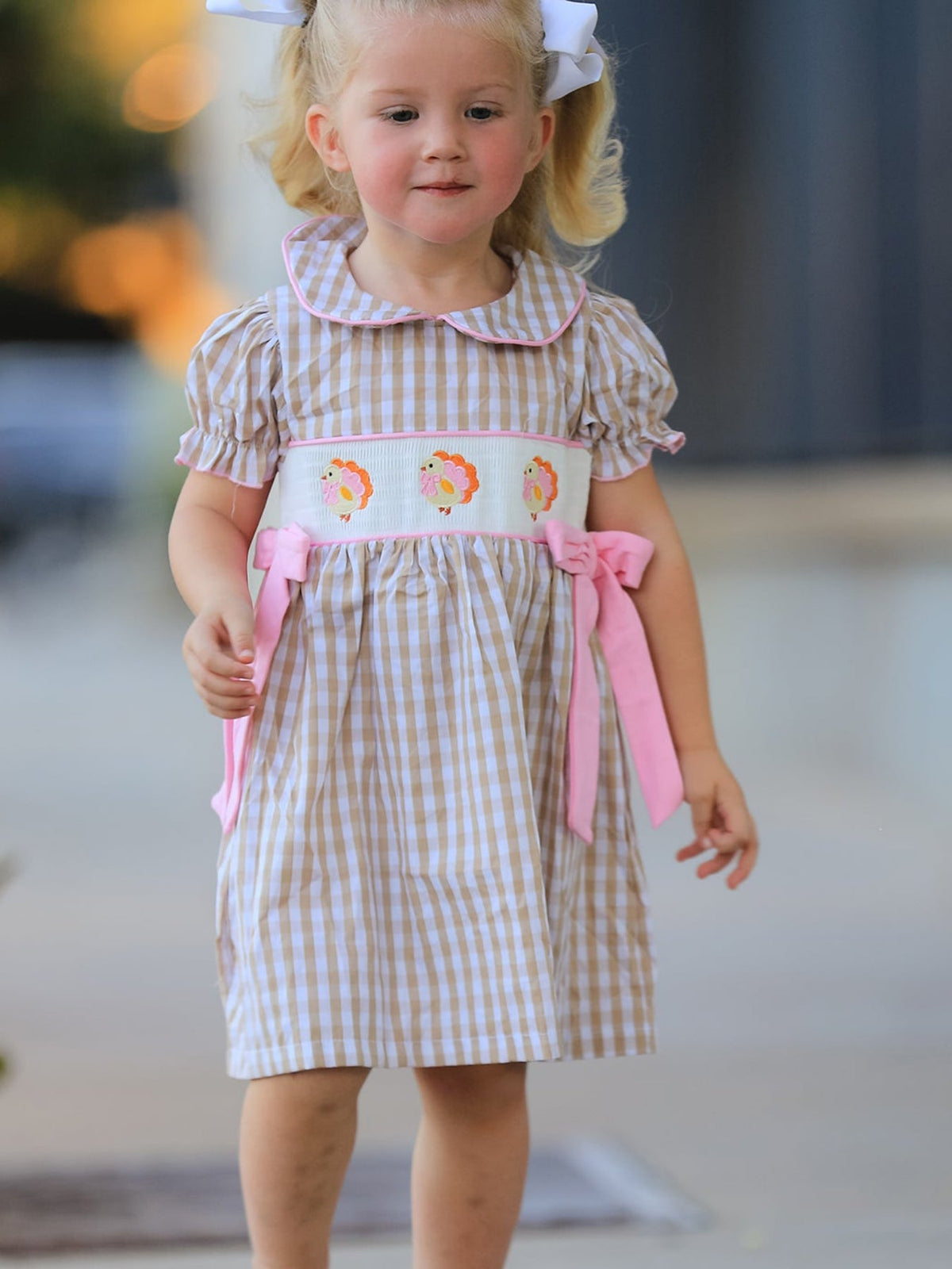 Fall Thanksgiving Lapel Plaid Chick Embroidery Smocking Bow Baby Girls Dress by Rylee Faith Designs