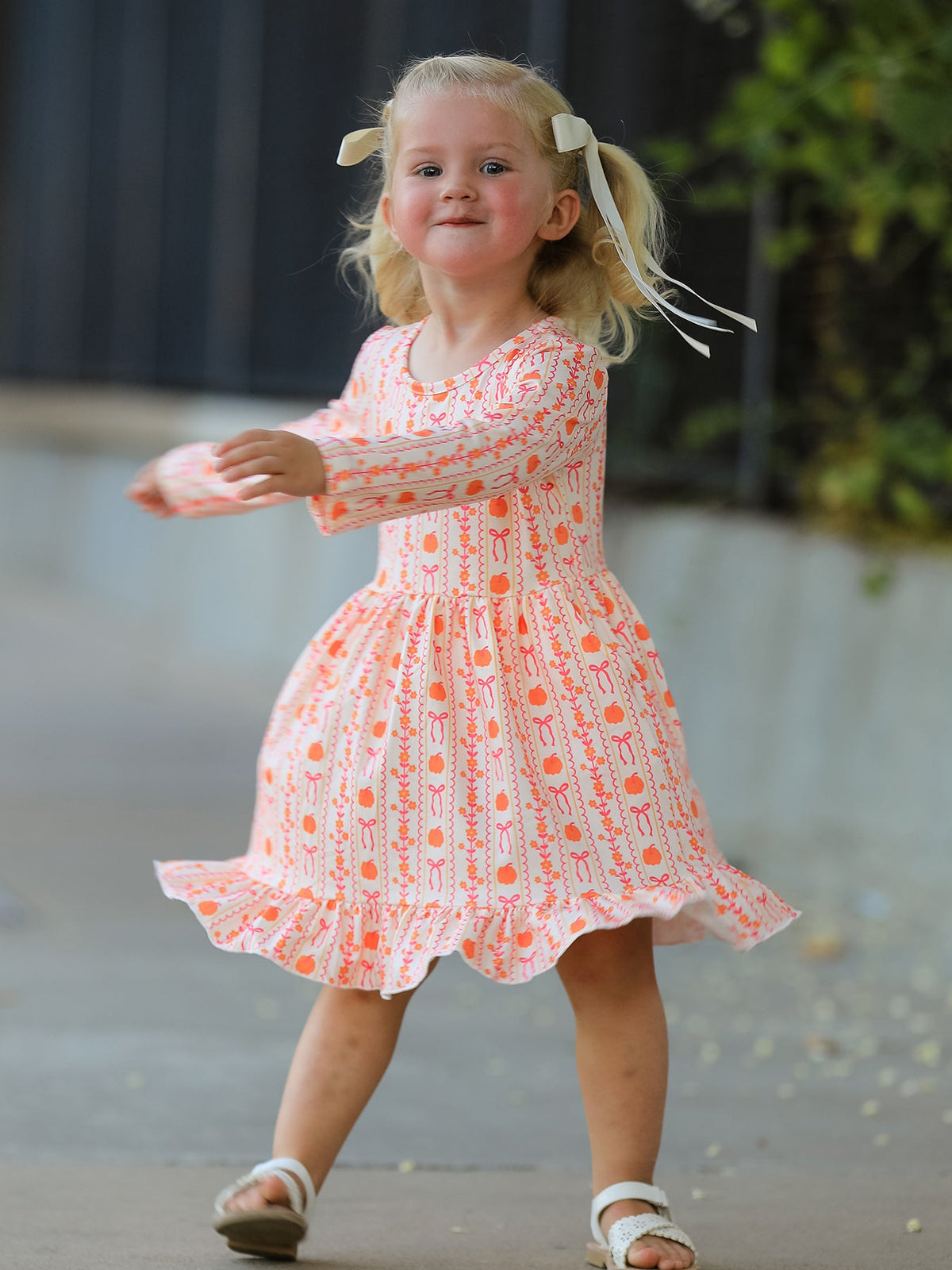 Polyester Spandex Dress, Long Sleeve, Pumpkin Bow Pocket by Rylee Faith Designs