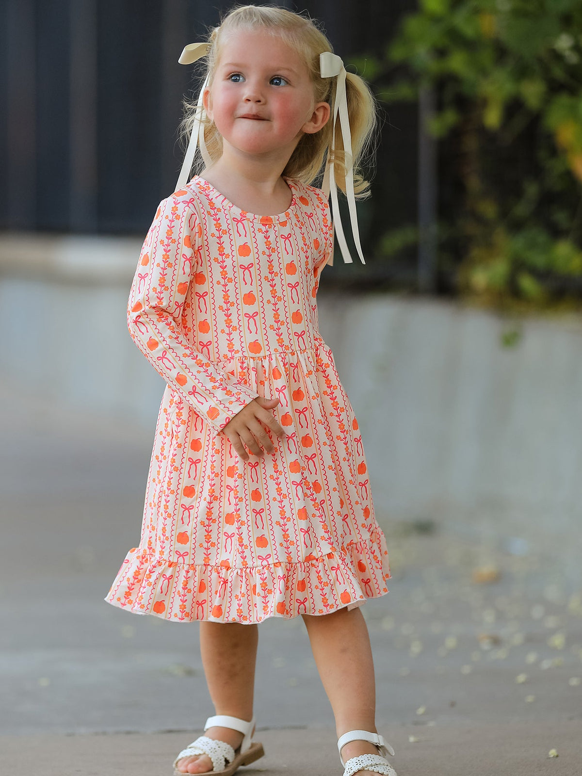 Polyester Spandex Dress, Long Sleeve, Pumpkin Bow Pocket by Rylee Faith Designs