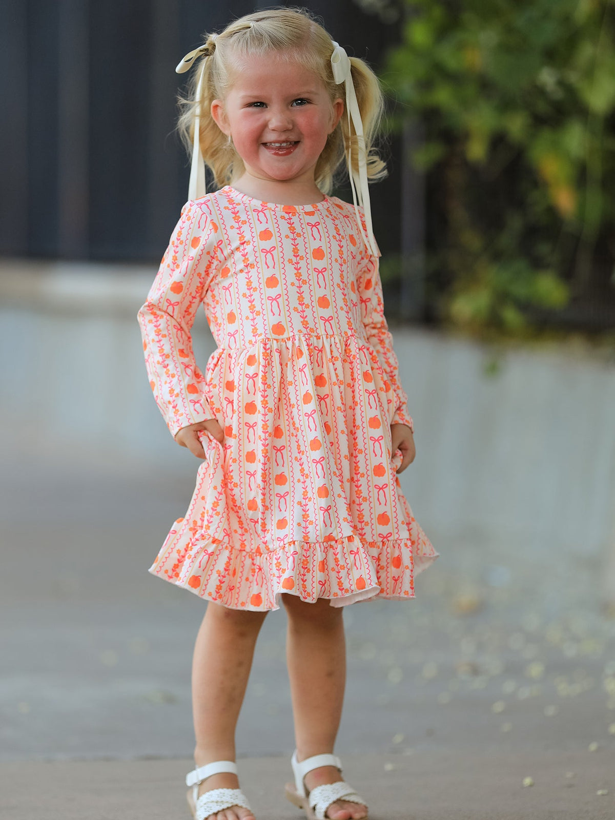 Polyester Spandex Dress, Long Sleeve, Pumpkin Bow Pocket by Rylee Faith Designs