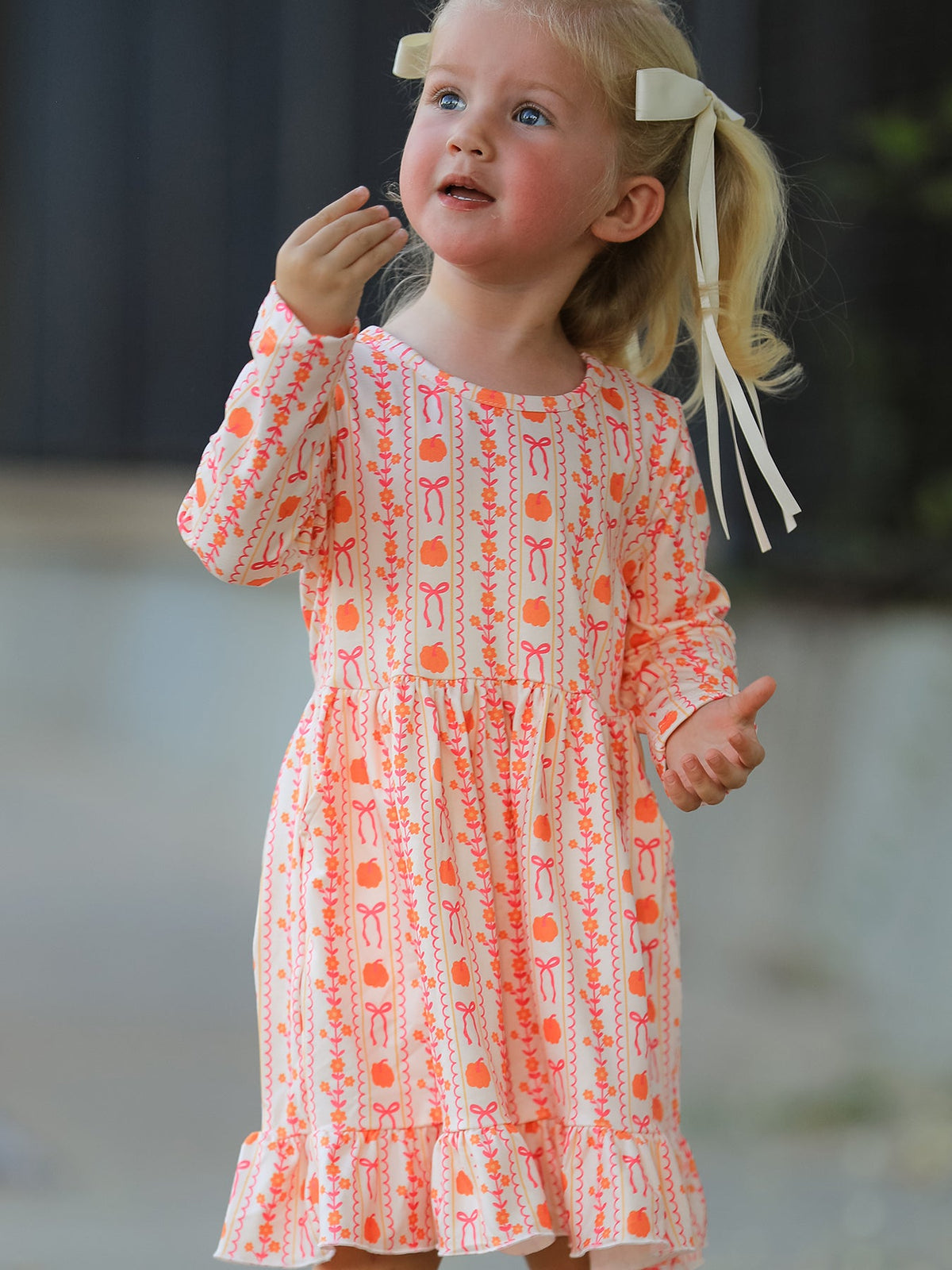 Polyester Spandex Dress, Long Sleeve, Pumpkin Bow Pocket by Rylee Faith Designs