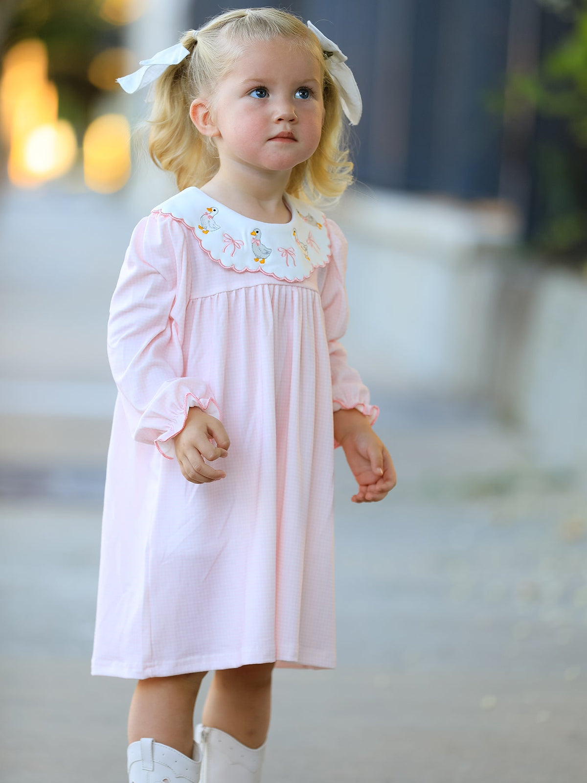 Polyester Spandex Baby Girl Dress, Duck Embroidered, Peter Pan Collar by Rylee Faith Designs