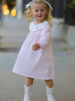 Baby girl long-sleeve dress with Peter Pan collar, duck embroidery, bow details and ruffle cuffs