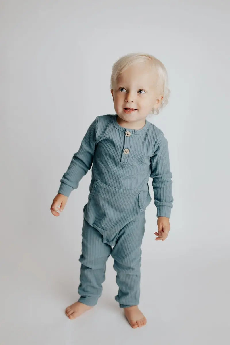 Three Little Tots Storm Blue Baby Ribbed Playsuit with pockets - 