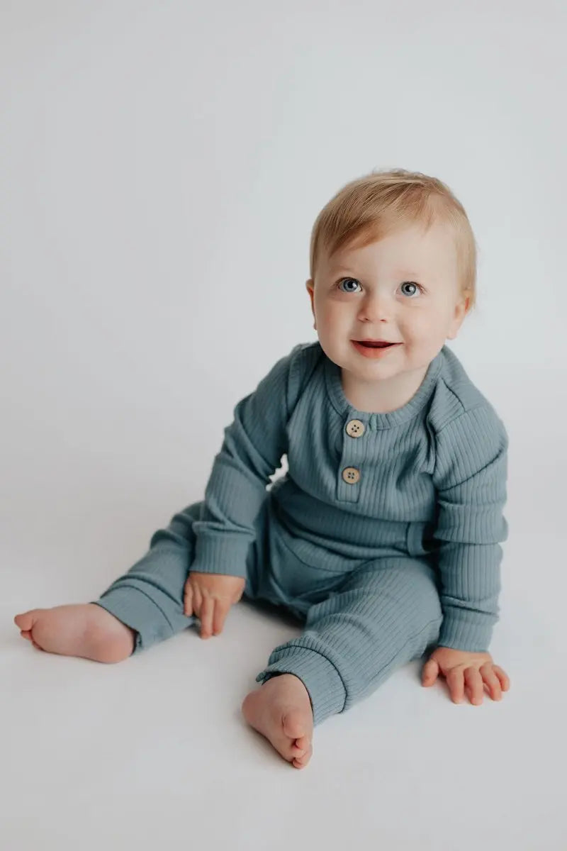 Three Little Tots Storm Blue Baby Ribbed Playsuit with pockets - 