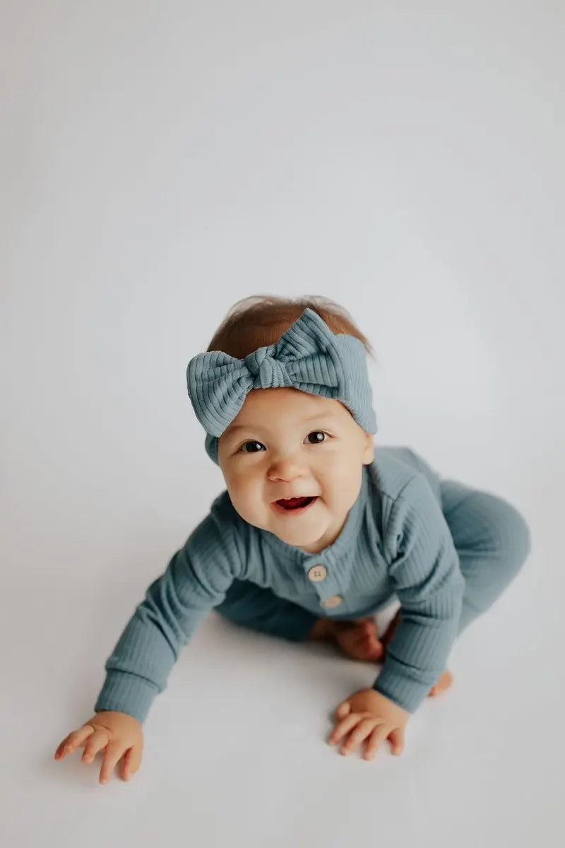 Three Little Tots Storm Blue Baby Ribbed Playsuit with pockets - 