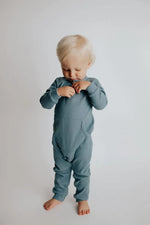 Three Little Tots Storm Blue Baby Ribbed Playsuit with pockets - 