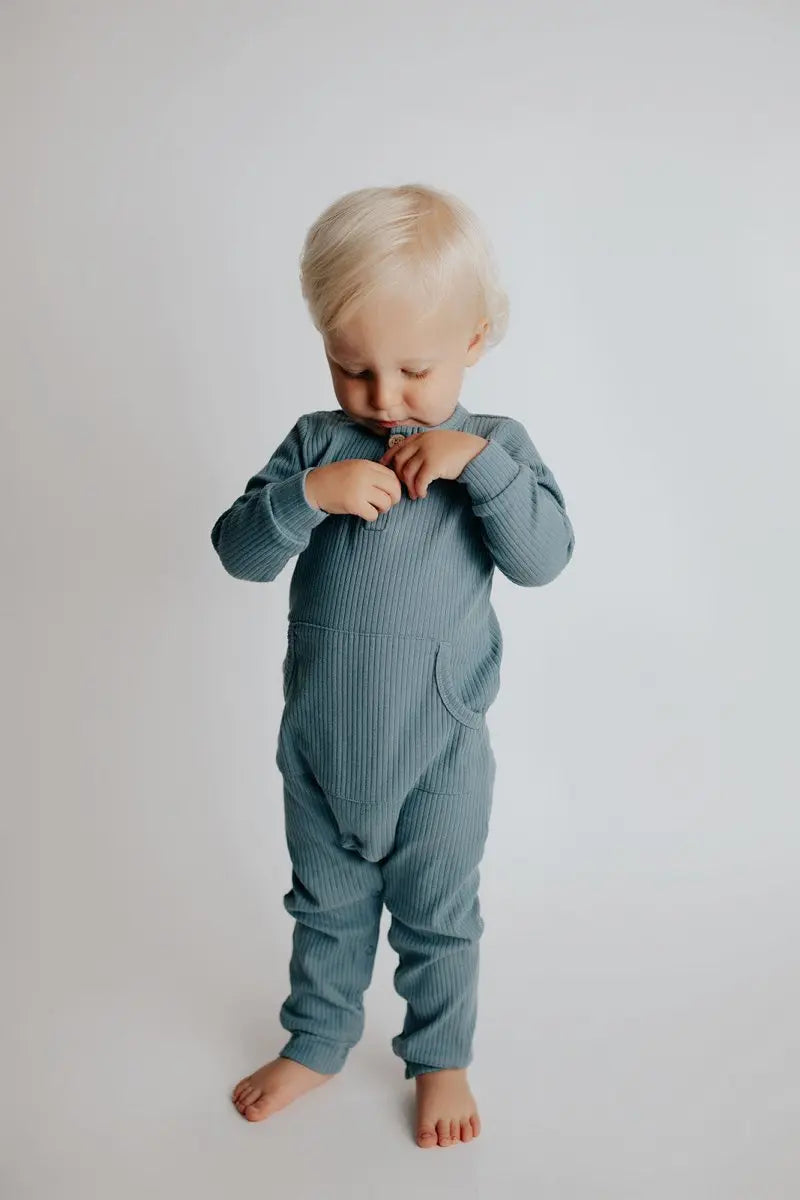 Three Little Tots Storm Blue Baby Ribbed Playsuit with pockets - 