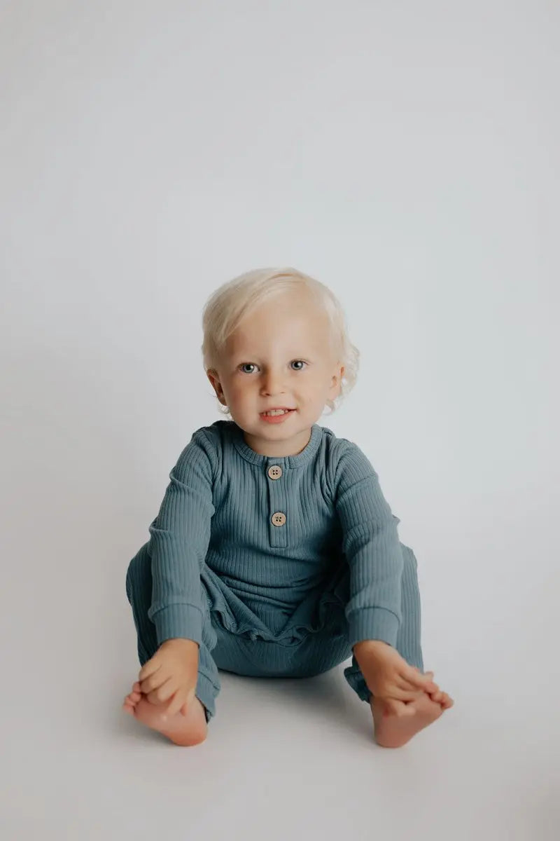 Three Little Tots Storm Blue Baby Ribbed Playsuit with pockets - 
