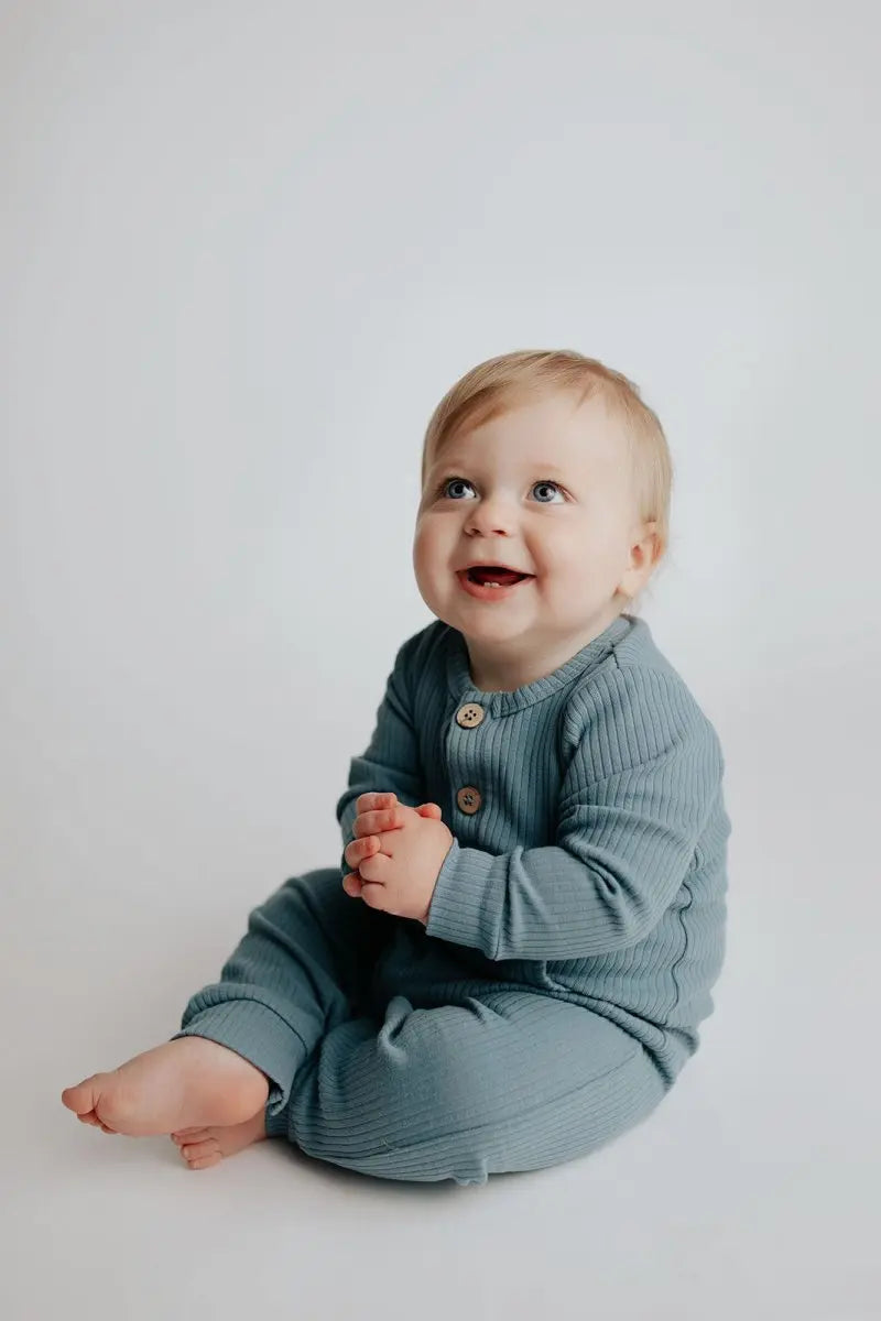 Three Little Tots Storm Blue Baby Ribbed Playsuit with pockets - 
