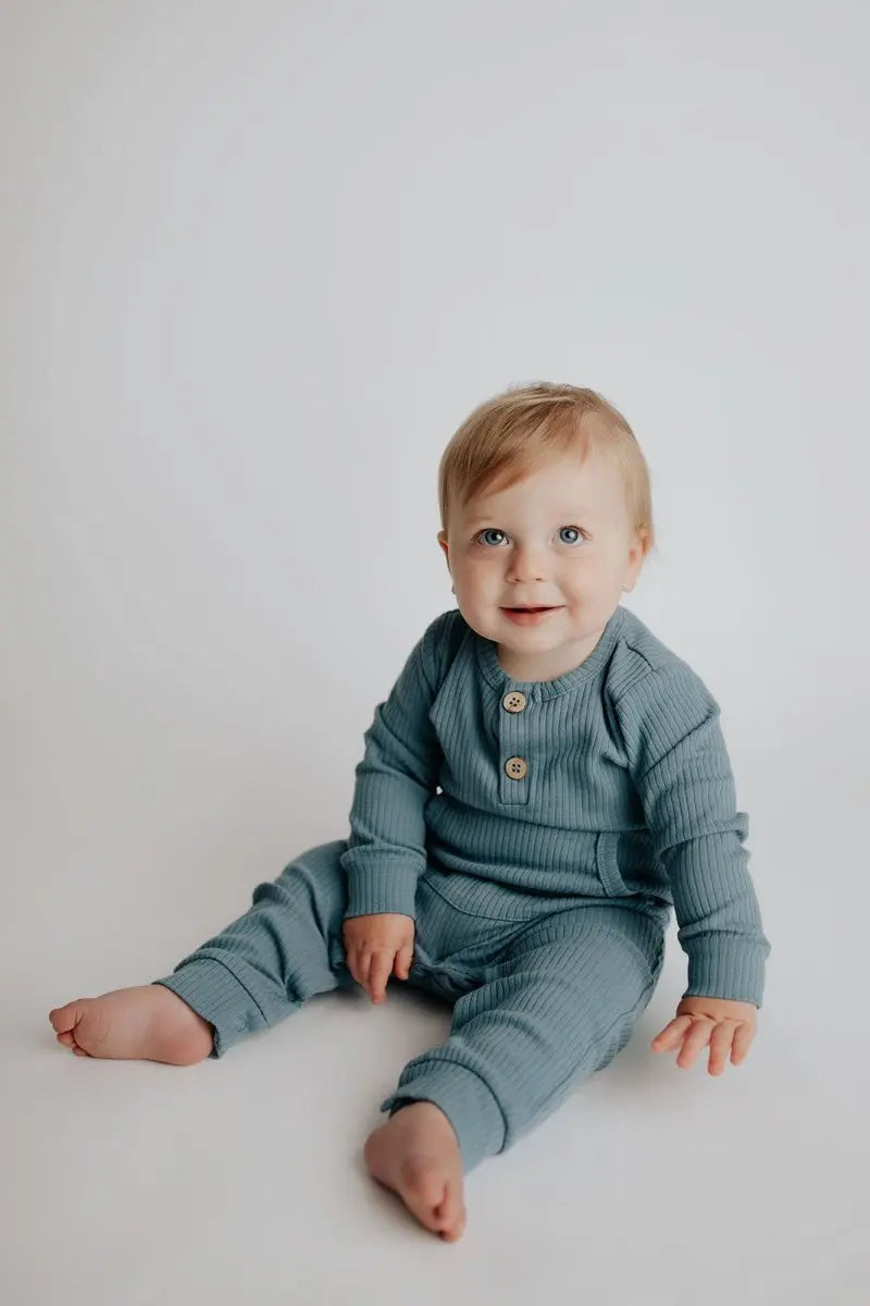 Three Little Tots Storm Blue Baby Ribbed Playsuit with pockets - 