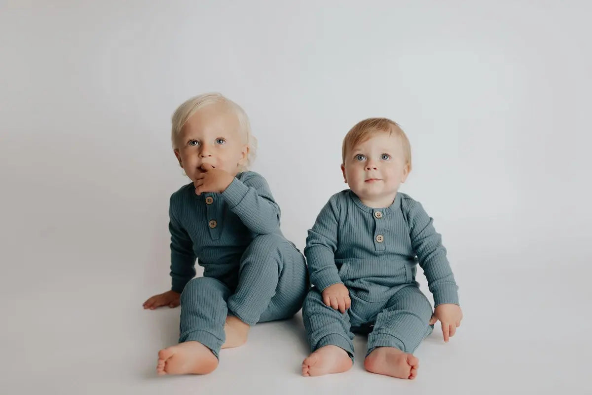 Three Little Tots Storm Blue Baby Ribbed Playsuit with pockets - 