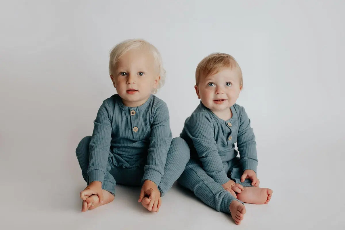 Three Little Tots Storm Blue Baby Ribbed Playsuit with pockets - 